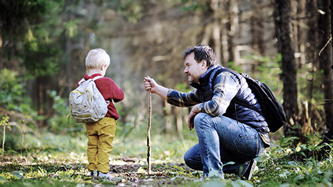 Adult guiding a toddler on hiking