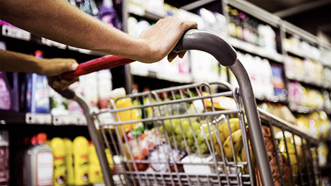 A person pushing a cart in a grocery