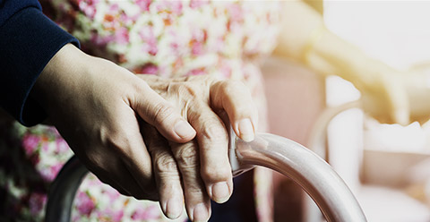 A person holding an elders hand on a walker