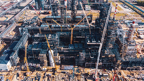 An aerial view of the construction of a large plant facility