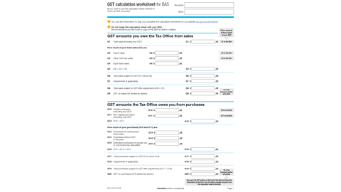 Example of a GST calculation worksheet for BAS