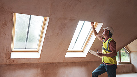 A construction inspector checking fireproofing on a construction site