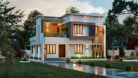 A 3D rendering of a completed house build