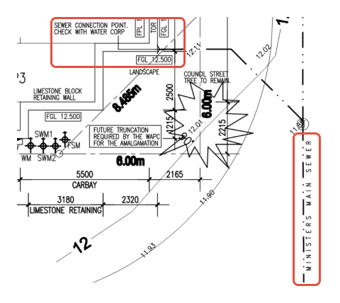 A diagram showing sewer connection points