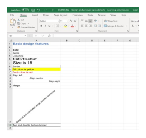 A screen shot in excel that shows its basic design features