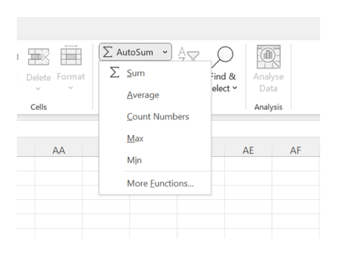 A screen shot of the Autosum tab