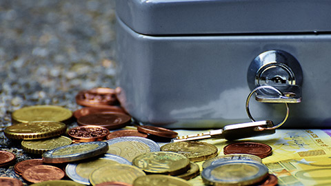 A petty cash container and various coins and notes