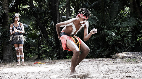 Young adult Indigenous Australian man dancing in Queensland, Australia.