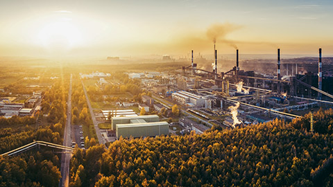 industrial landscape with heavy pollution produced by a large factory