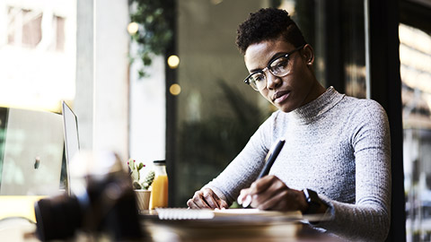 A person research in a cozy cafe