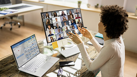 Female In Online Elearning Remote Conference On Desktop PC