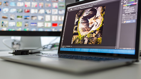 A computer on desk with photo editing software open