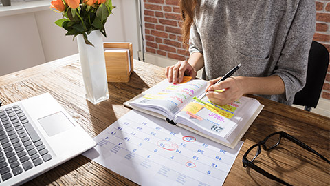 Businesswoman Making Agenda On Personal Organizer At Workplace