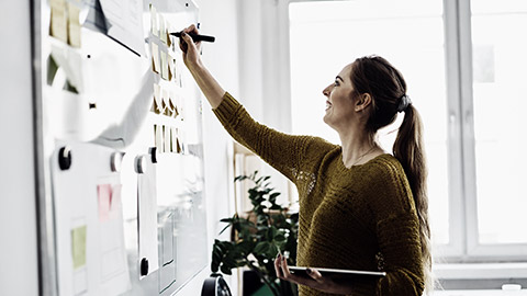 A person using vsticking post-its on a whiteboard