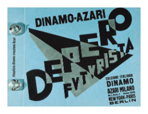 Fortunato Depero, cover for Depero futurista, 1927. Bound by massive aluminium bolts, this book expresses its status as a physical object. A gleam of light descends from the top bolt through the letters of the title. 24 x 36 cm.