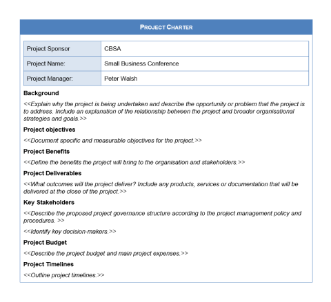 Project charter table