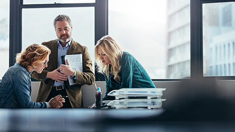 A business group discussing a project in a modern office environment