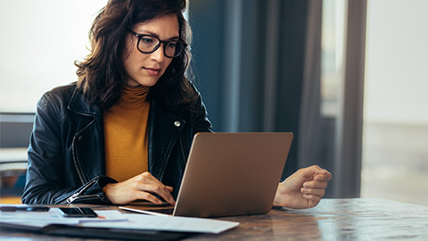 A person reviewing a business plan on their laptop