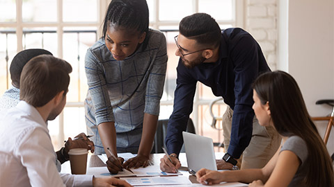 A group of people working together reviewing a proposal