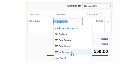 A screenshot of the program with GST on income selected