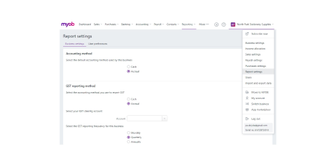 A screen shot of the MYOB Report settings page