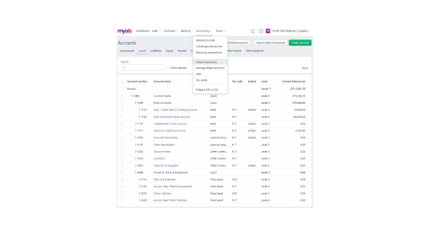 A screenshot of the MYOB accounts page selecting Chart of accounts in the navigation bar