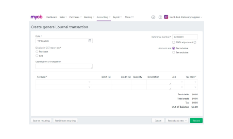 A screenshot of the MYOB creating a general journal transaction