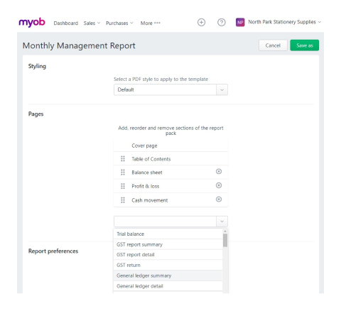 A screen shot of the Monthly management report page in MYOB