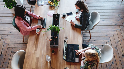 A group of coworkers in a modern office space