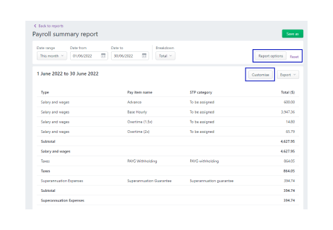 A screen shot of the payroll summary report