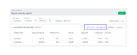 A screen shot of the payroll activity report page higlighting expand all and contract all buttons