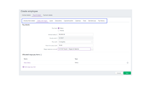 A screen shot of the MYOB create employee tab