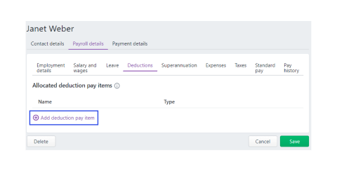 A screen shot of adding decution pay item screen