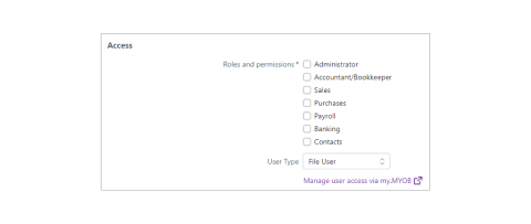 A screen shot of the MYOB administration permissions