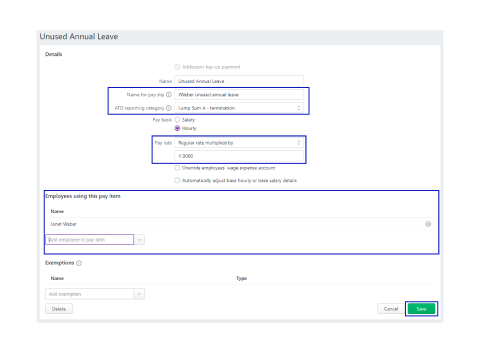 A screen shot showing the unused annual leave page in MYOB