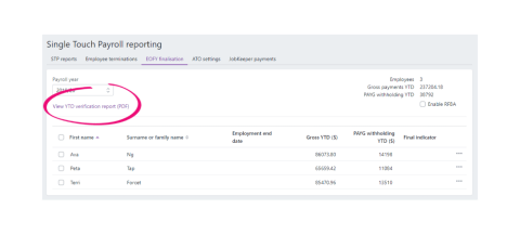 A screen shot highlighting the view YTD verification report in the single toch payroll reporting page