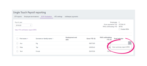 A screen shot highlighitng the view summary report in the final indicator drop down menu in the single touch payroll reporting page