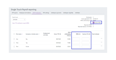 A screen shot highlighitng the RFBA, section 57A and enbale RFBA check box in the single touch payroll reporting page in the final indicator drop down menu in the single touch payroll reporting page