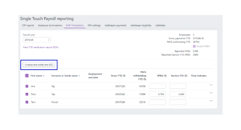 A screen shot highlighting the finalise and notify the ATO buttong