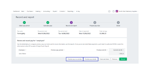 A screen shot of the MYOB record and report page highlighting Preview pay run activity and/or Preview pay details