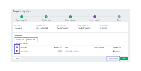 A screen shot of the MYOB prepare payslips page