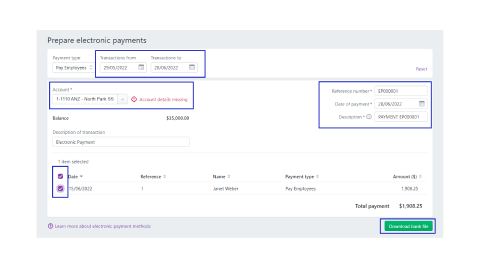 A screen shot of the prepare electronic payments page in MYOB