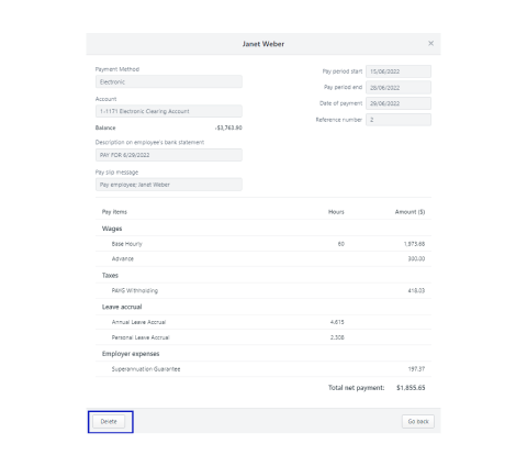 A screen shot showing the delete function  in a sample employee profile page