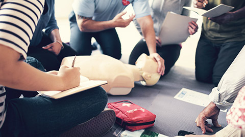 A group of business colleagues undertaking first aid training