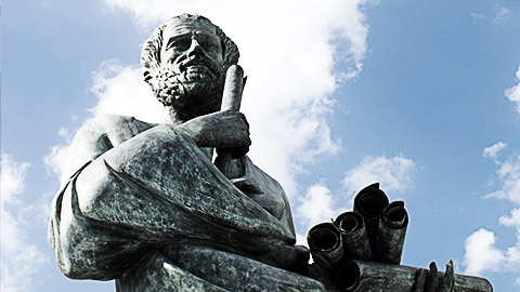 a close shot of aristotle's statue