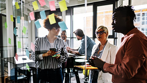 colleagues writing on glass board