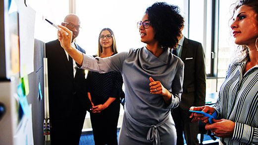 partners and managers planning on business decisions on a whiteboard