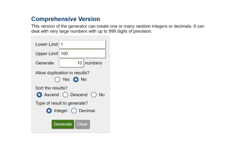 a screenshot of a random number generator and results