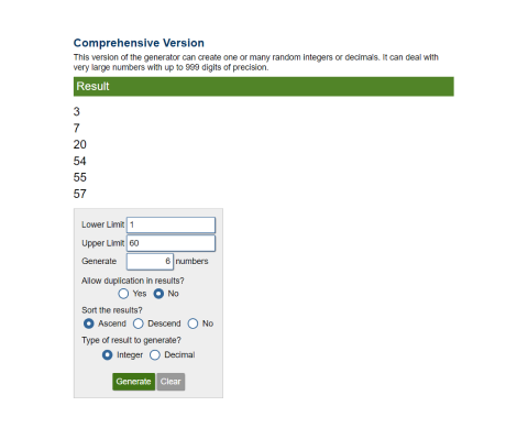 a screenshot of a random number generator and results for 1-60 limit to generate 6 numbers