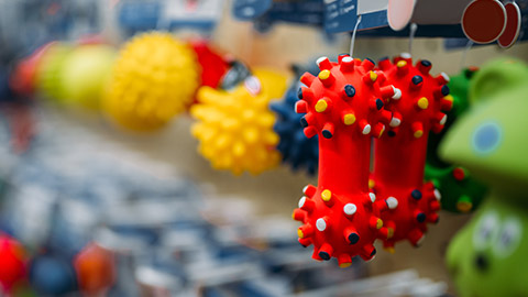 A group of animal toys in a pet store